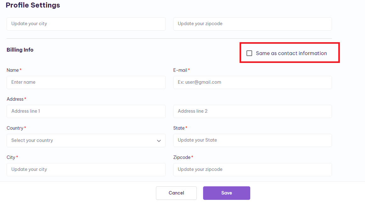 profile settings selection